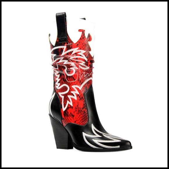 Shoes - Mid Calf Cowboy Boots with Embroidery, Chunky Heel, Pointed Toe
